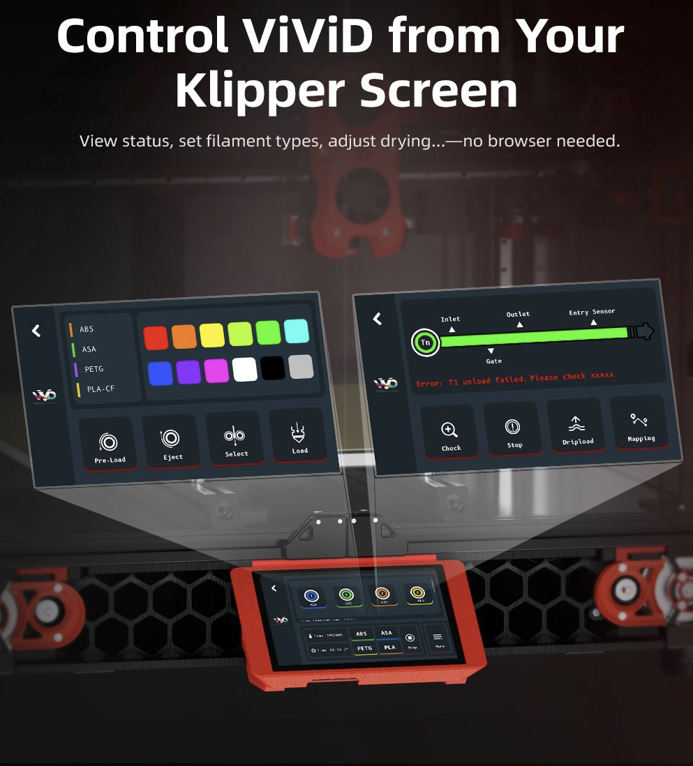 BIGTREETECH ViViD filament dryer with Klipper touchscreen controls showing filament types and drying settings