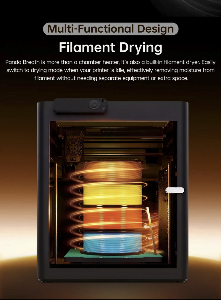 BIQU Panda Breath filament dryer chamber showing stacked colored filament spools with heating elements