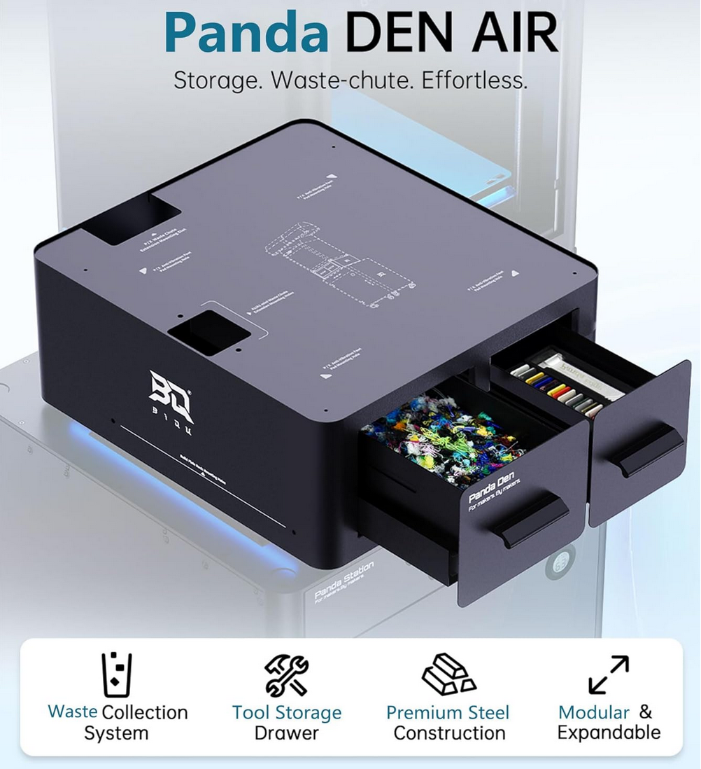 BIQU Panda Den Air storage unit with open drawer showing waste collection and tool storage system