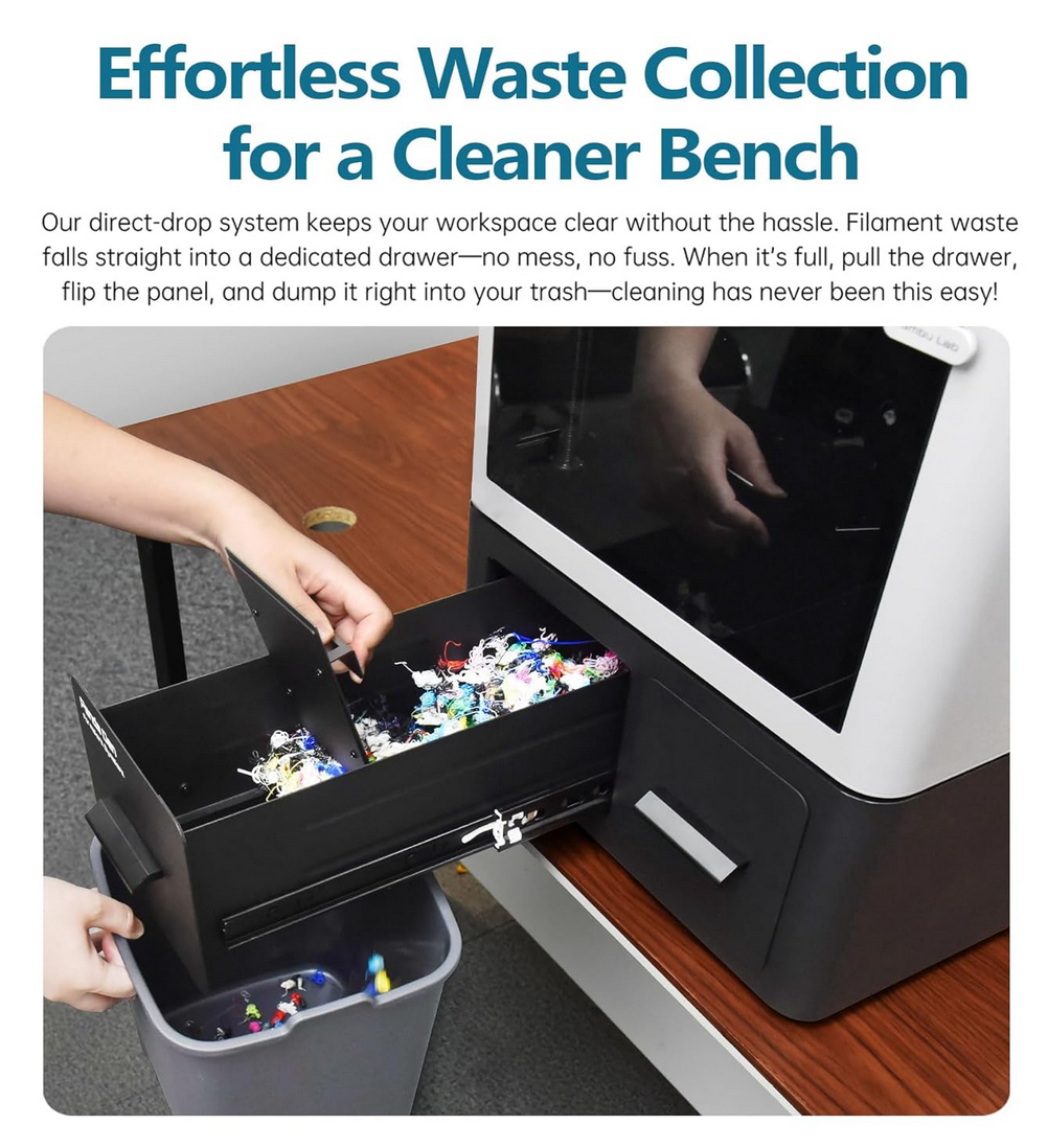 BIQU Panda Den Air waste collection drawer pulls out to reveal filament scraps, keeping 3D printer workspace clean and org...