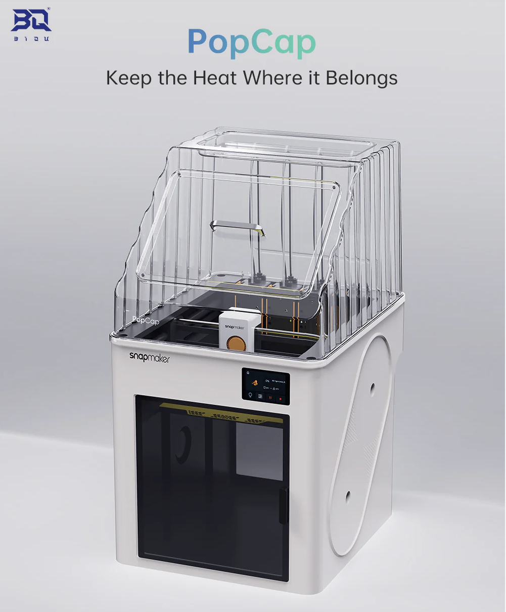 BIQU PopCap enclosure cover for Snapmaker U1 3D printer with heat retention design, white base unit shown at angle