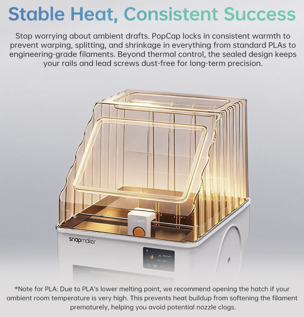 BIQU PopCap enclosure for Snapmaker with amber-tinted acrylic cover and sealed design for thermal stability