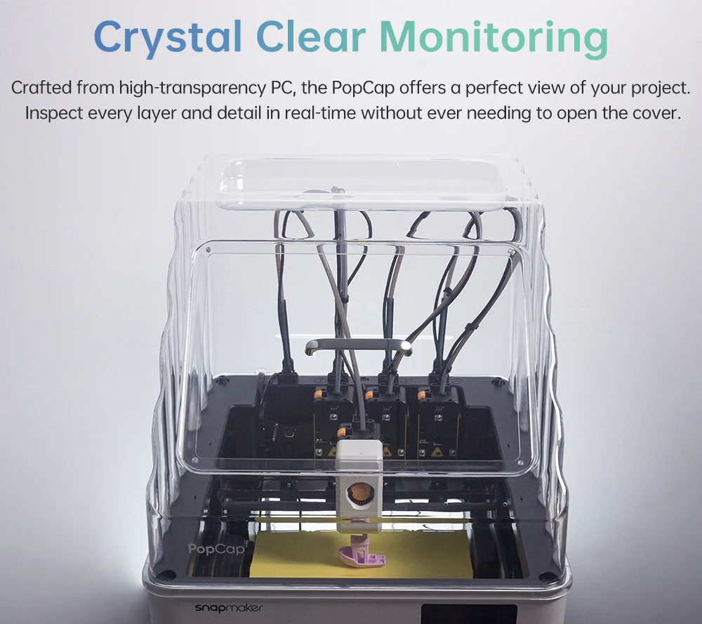 BIQU PopCap clear PC enclosure for Snapmaker U1 showing transparent monitoring of 3D printer interior and purple printed part