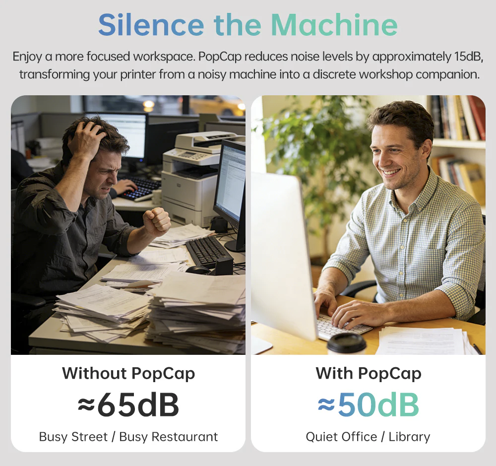 BIQU PopCap noise reduction enclosure comparison showing 65dB without cover versus 50dB with cover for quieter printing