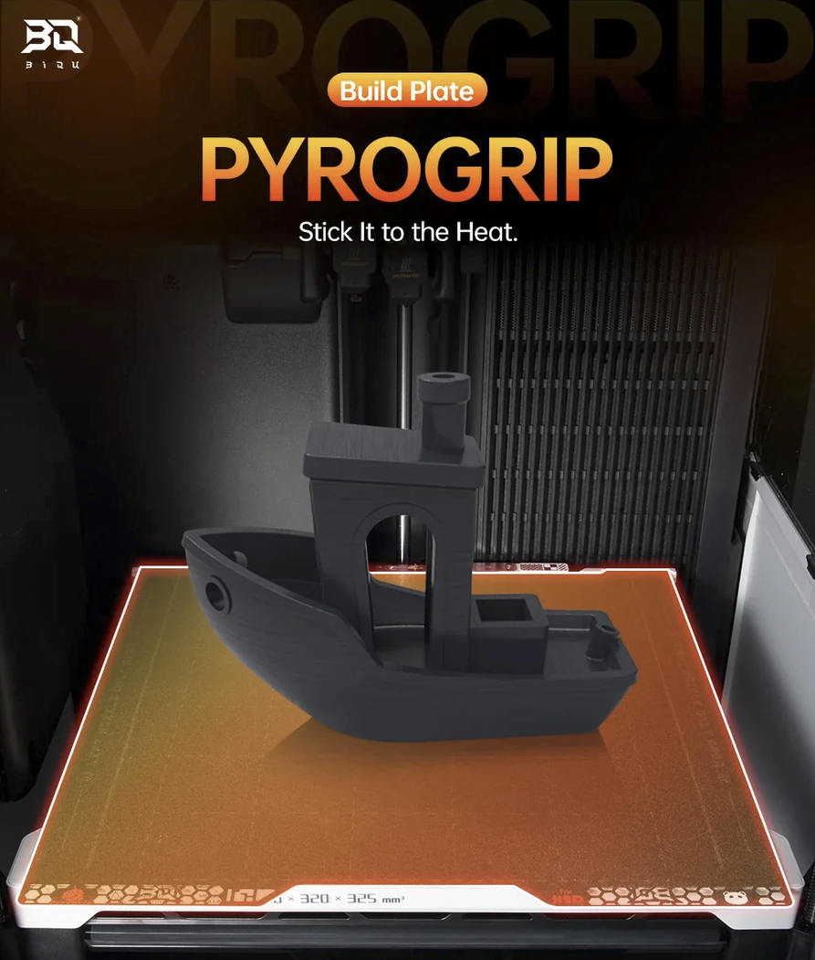 BIQU PyroGrip Build Plate glowing on heated 3D printer bed with neon border detail