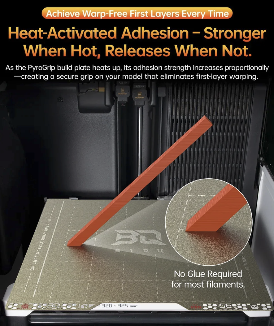 BIQU PyroGrip Build Plate with heat-activated adhesion demonstrating warp-free first layer technology