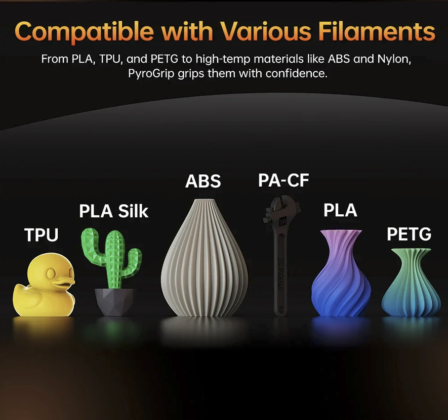 BIQU PyroGrip build plate compatible with multiple 3D printer filaments including PLA, TPU, ABS, PETG, and Nylon