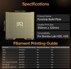 BIQU PyroGrip Build Plate specs: 350x325mm usable area, compatibility chart for ABS, PETG, TPU, PLA, PC filaments with bed...