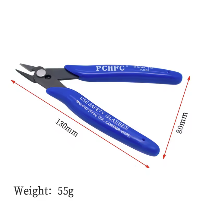 Blue Carbon Steel Flush Cutters with black handles, 130mm length, overhead view showing cutting blades and grip
