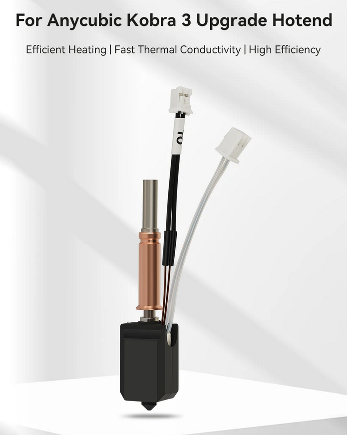 HeatPoint Upgraded Hardened Hotend for Anycubic Kobra 3 with copper heating block and thermal components displayed on whit...