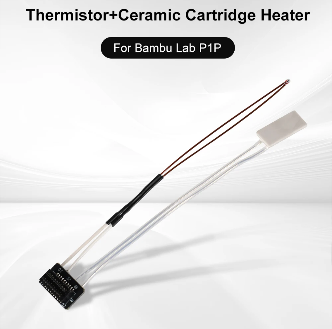 Thermistor and ceramic cartridge heater assembly for Bambu Lab P1P with connectors and wiring visible against white backgr...