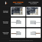HeatPoint Complete Hotend Kit heating block comparison chart showing new vs old PCB connectors and terminals