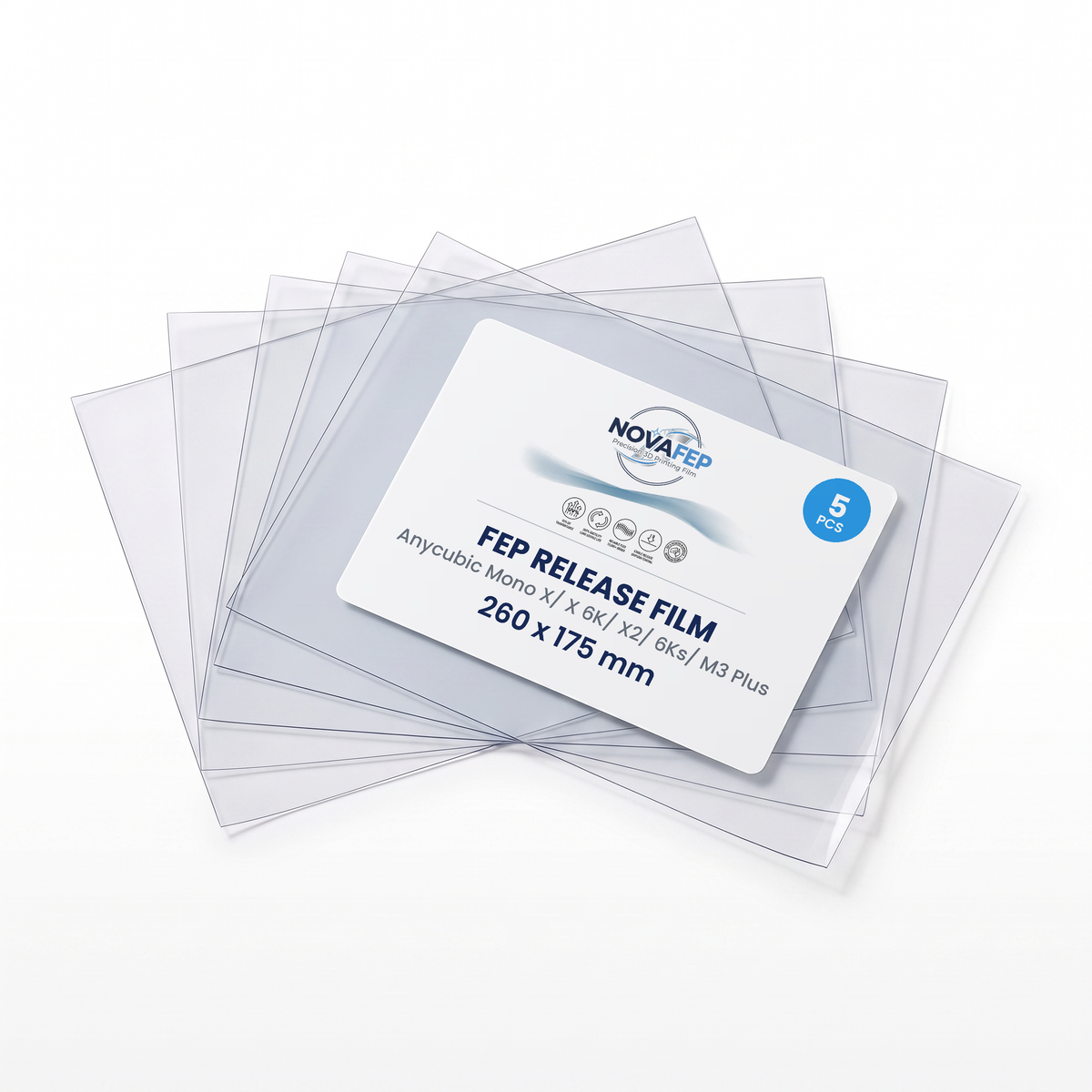NOVAfep FEP release film for Anycubic Mono X, X 6K, X2, 6Ks and M3 Plus, 5 sheets, 260 x 175 mm