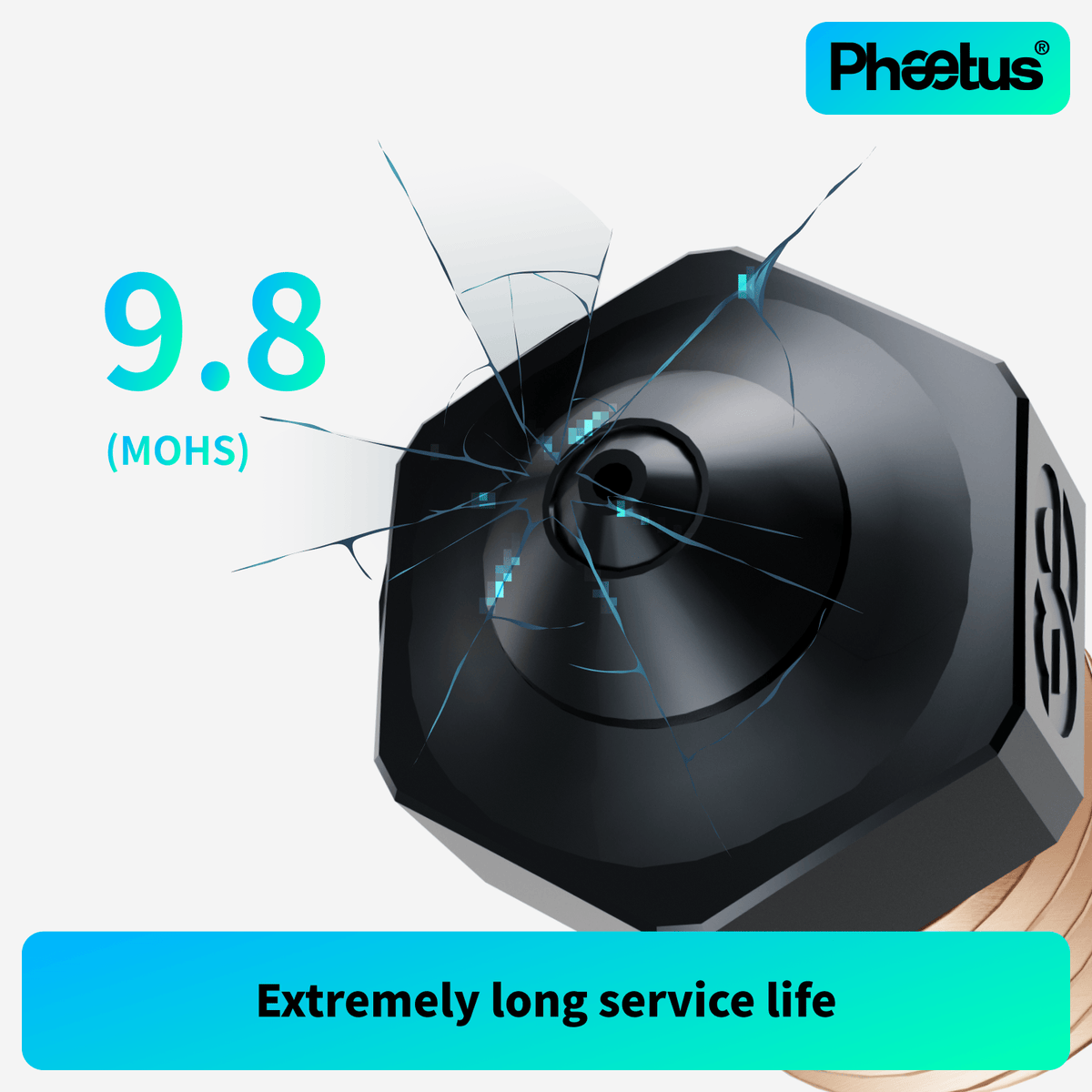 Phaetus PS SiC Nozzle 1.75mm V6 Thread with 9.8 MOHS hardness rating, black hexagonal design
