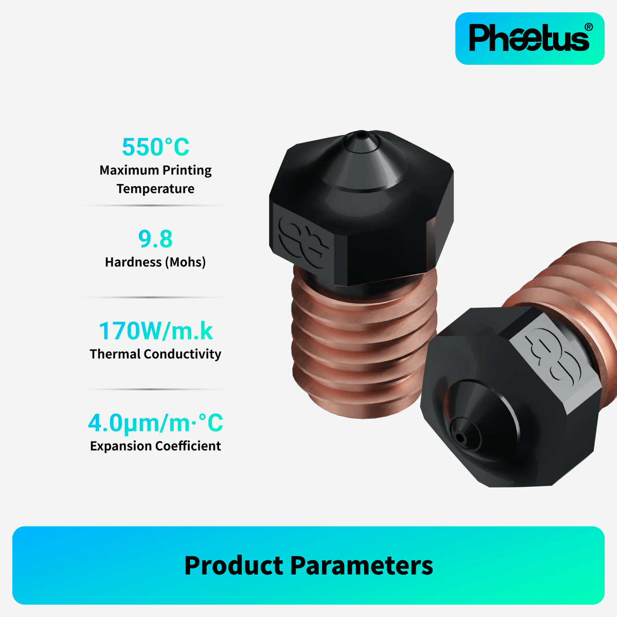 Phaetus PS SiC Nozzle 1.75mm V6 Thread with copper heater block showing thermal specifications and product parameters