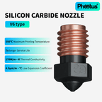 Phaetus PS Silicon Carbide V6 Nozzle 1.75mm with copper threading and black hexagonal base, front view.