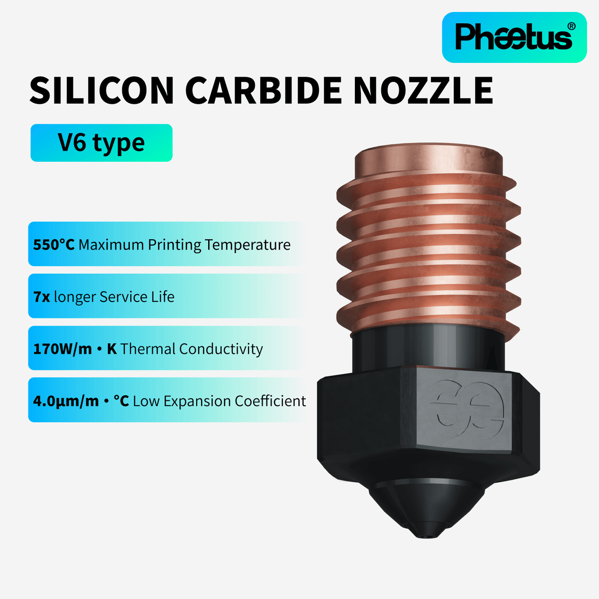 Phaetus PS Silicon Carbide V6 Nozzle 1.75mm with copper threading and black hexagonal base, front view.