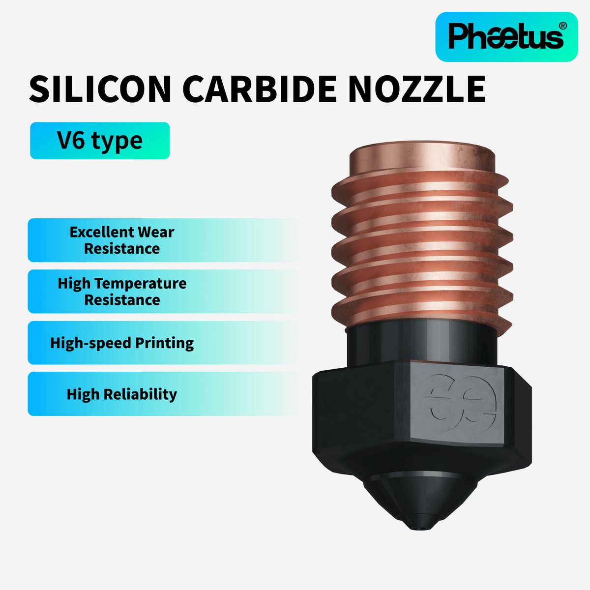 Phaetus PS SiC V6 silicon carbide nozzle 1.75mm with copper threads and black hexagonal body, front view