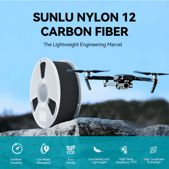 SUNLU PA12 - CF Nylon 12 Carbon Fibre Black 1.75mm Filament 1kg Spool - 3docity