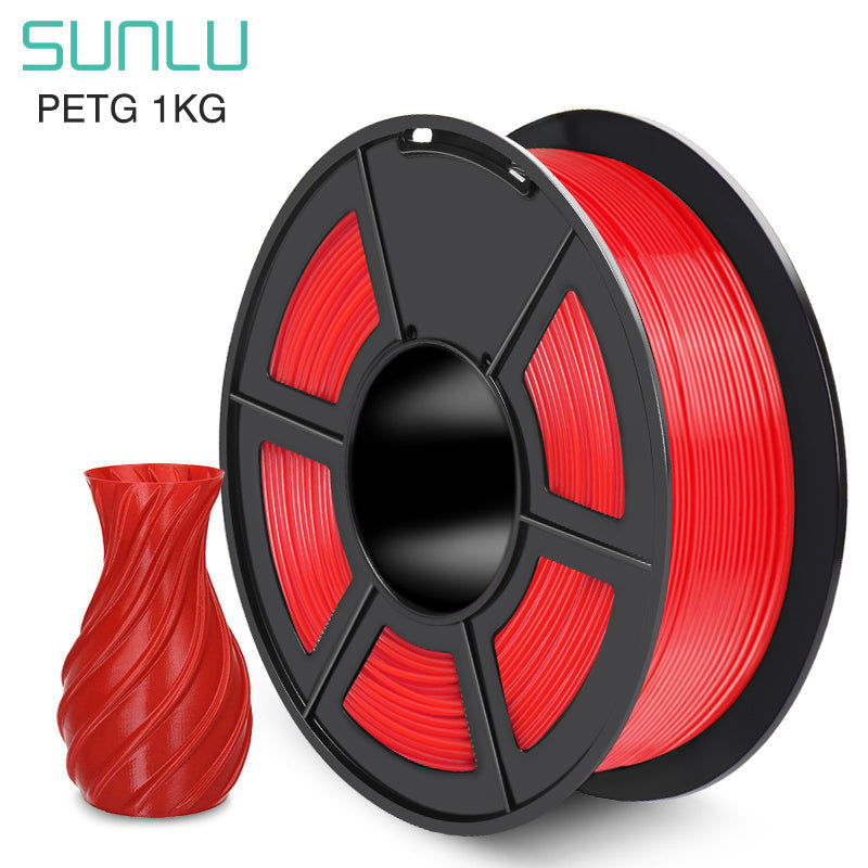 A spool of red SUNLU PETG 1.75mm Filament 1kg Spool is displayed next to a 3D printed red vase with a twisted design. Renowned for its durability and temperature resistance, the label reads "SUNLU PETG 1KG.