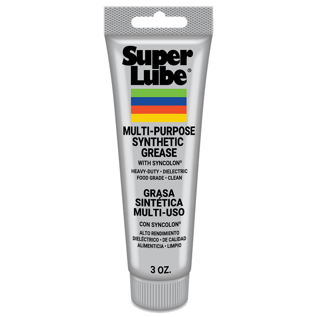 Super Lube Multi-Purpose Synthetic Grease 3 oz tube with colorful stripe branding and bilingual labeling.