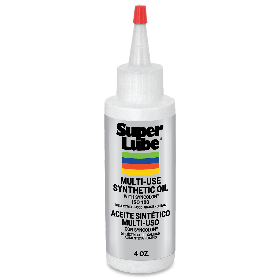 Super Lube Multi-Use Synthetic Oil 4oz bottle with red cap and colorful stripe label on white background