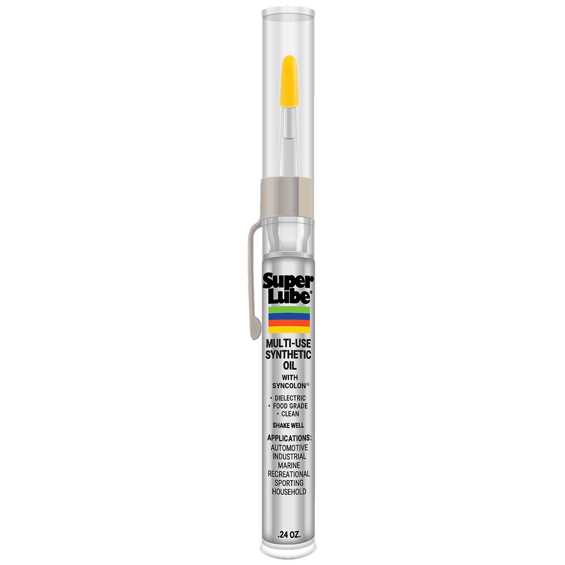 Super Lube Multi-Use Synthetic Oil pen applicator with yellow tip, 0.24 oz bottle, front view