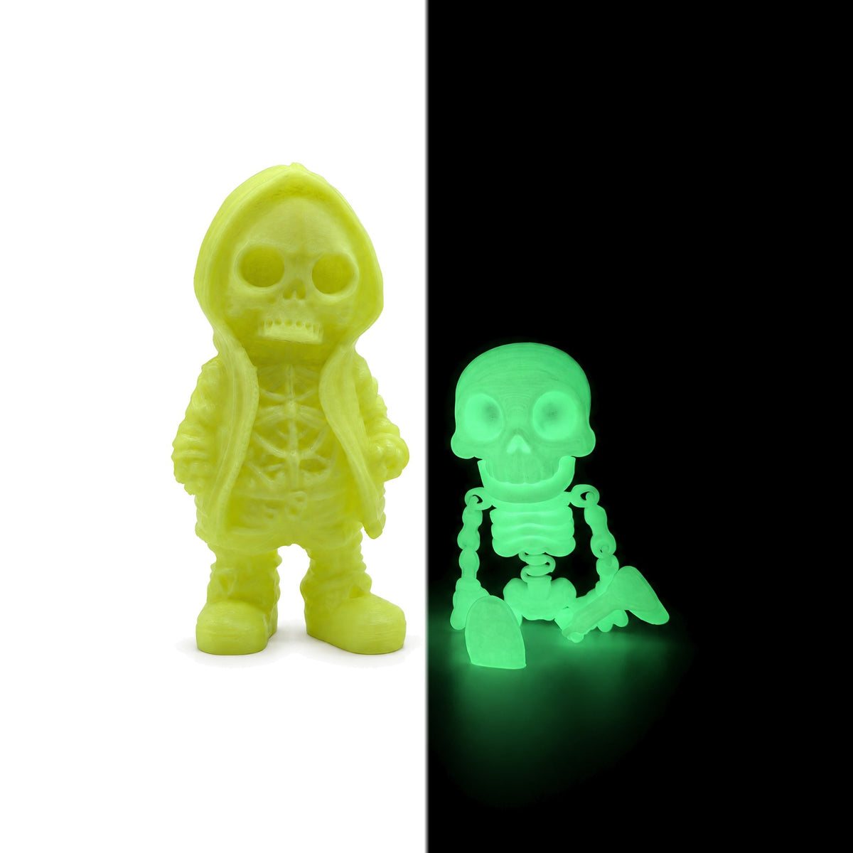 VEXA Luminous Glow in the Dark PLA filament - printed skeleton figures, lit (left) vs glowing in the dark (right) - 3docity