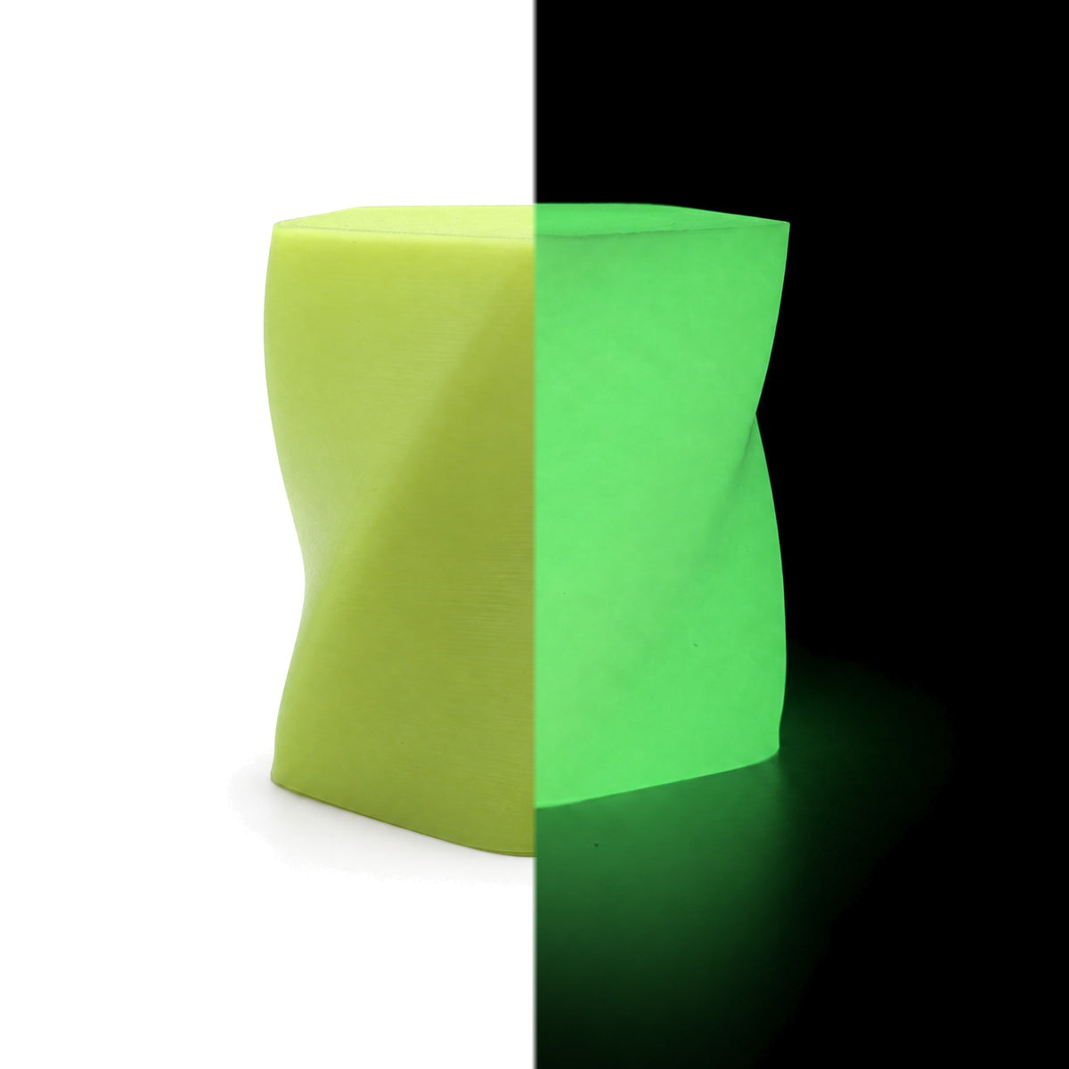 VEXA Luminous Glow in the Dark PLA filament - twisted vase swatch, lit (left) vs glowing in the dark (right) - 3docity