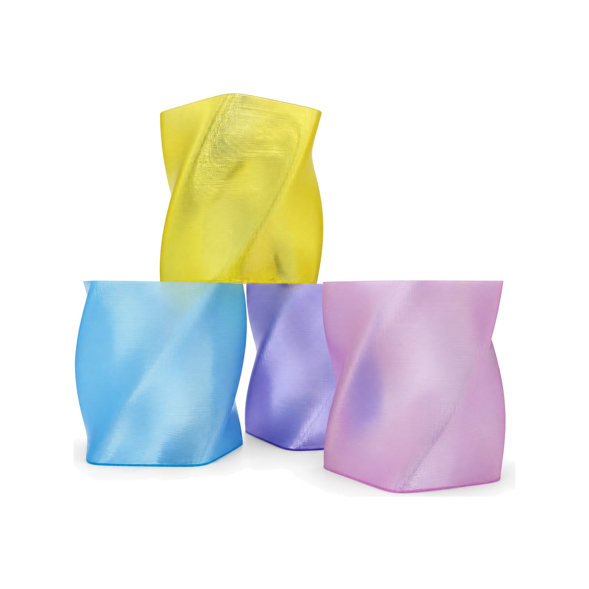 VEXA PLA+ Crystal translucent 1.75mm filament - 3D-printed twisted vase swatches in Coral Pink, Amber, Ice Blue and Violet - 3docity
