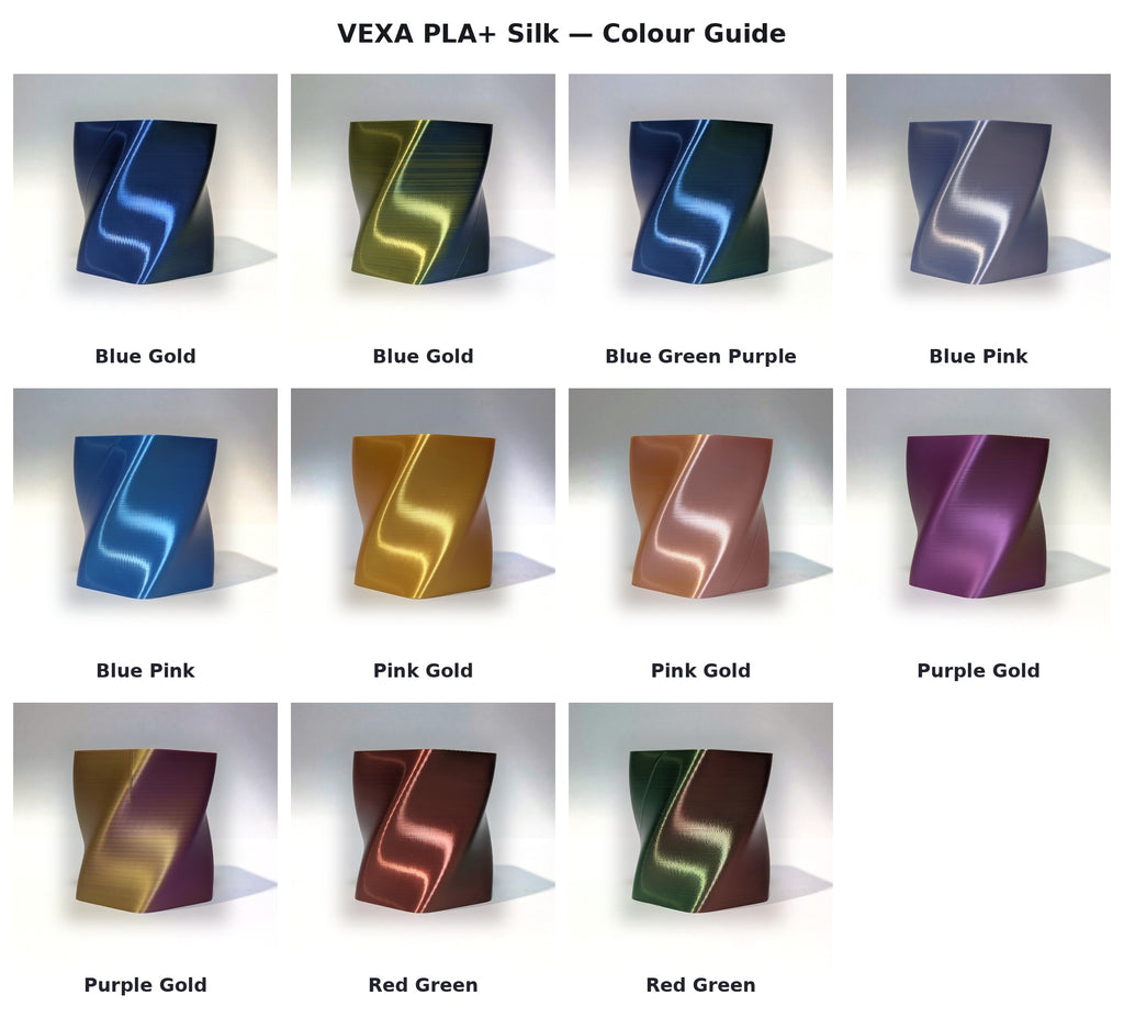 VEXA PLA+ Silk colour guide — all colours at a glance